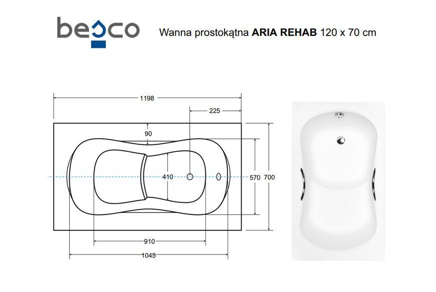 Ванна акрилова Besco ARIA REHAB 120х70 сидяча (без панельки, ножек, сифона) #WAR-120-PA фото